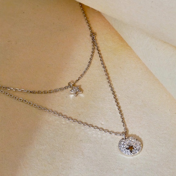 Sterling Silver Double Layered Cubic Zirconia Pendant Necklace, 925 Silver - Picture 1 of 2